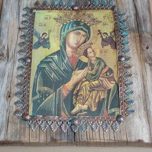 Religious Icon Art Print with Green and Gold Accents